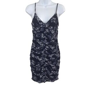 NWOT Lovesome Navy Blue Floral Mesh Ruched Bodycon Mini Dress Women's L V-Neck